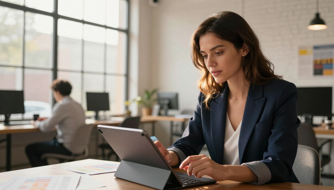 Marketing woman reviewing brochure designs on tablet in co-working space