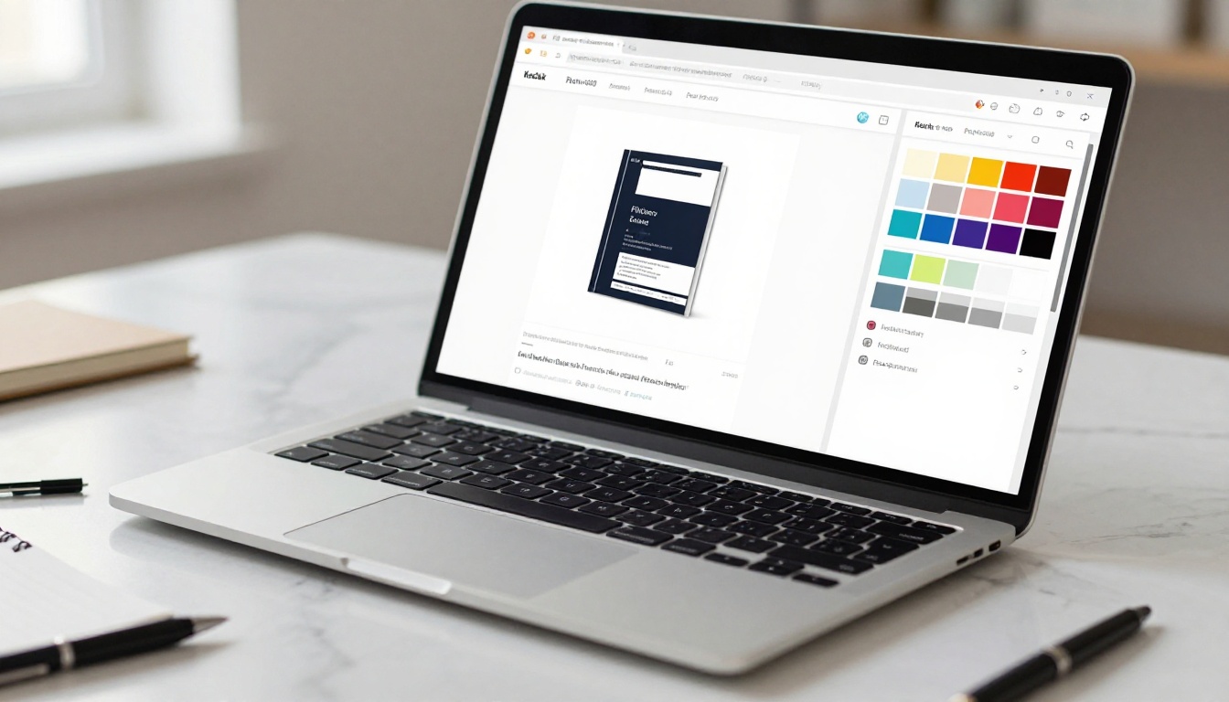 Laptop screen showing a web-based flipbook customization panel with color swatches and font options
