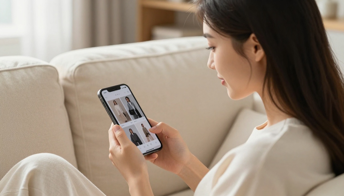 Young woman relaxing on a cream linen couch holding a smartphone displaying a fashion lookbook flipbook