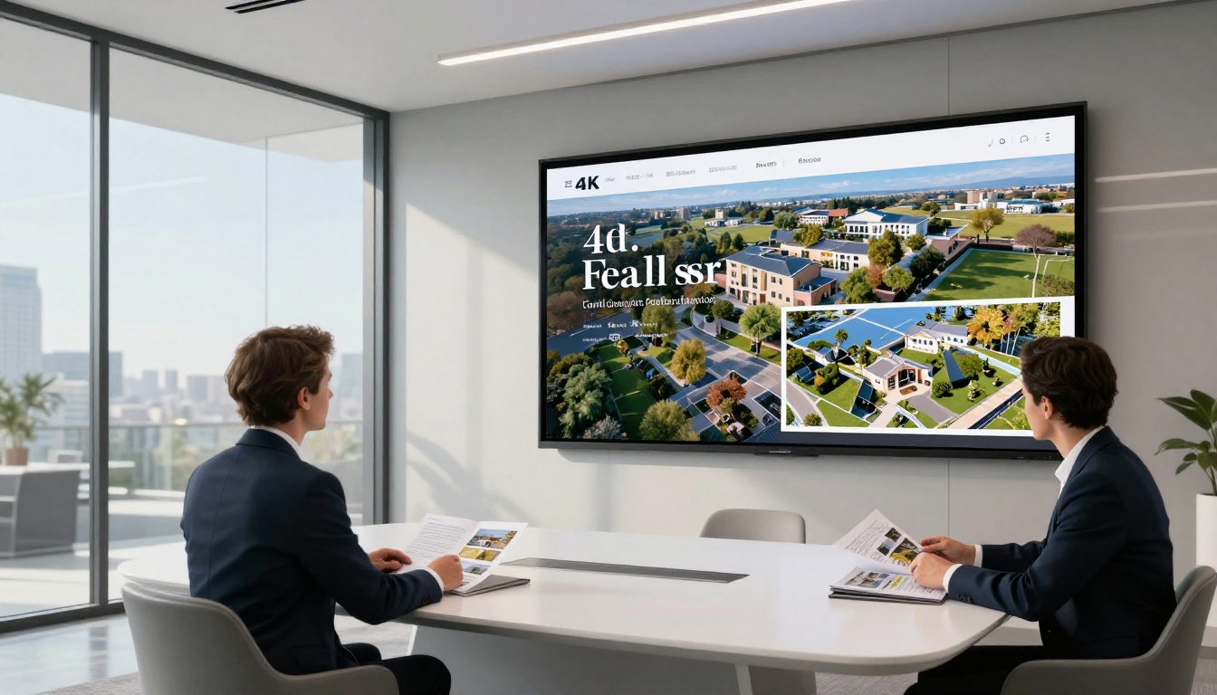 Conference room with business professionals reviewing brochure presentation