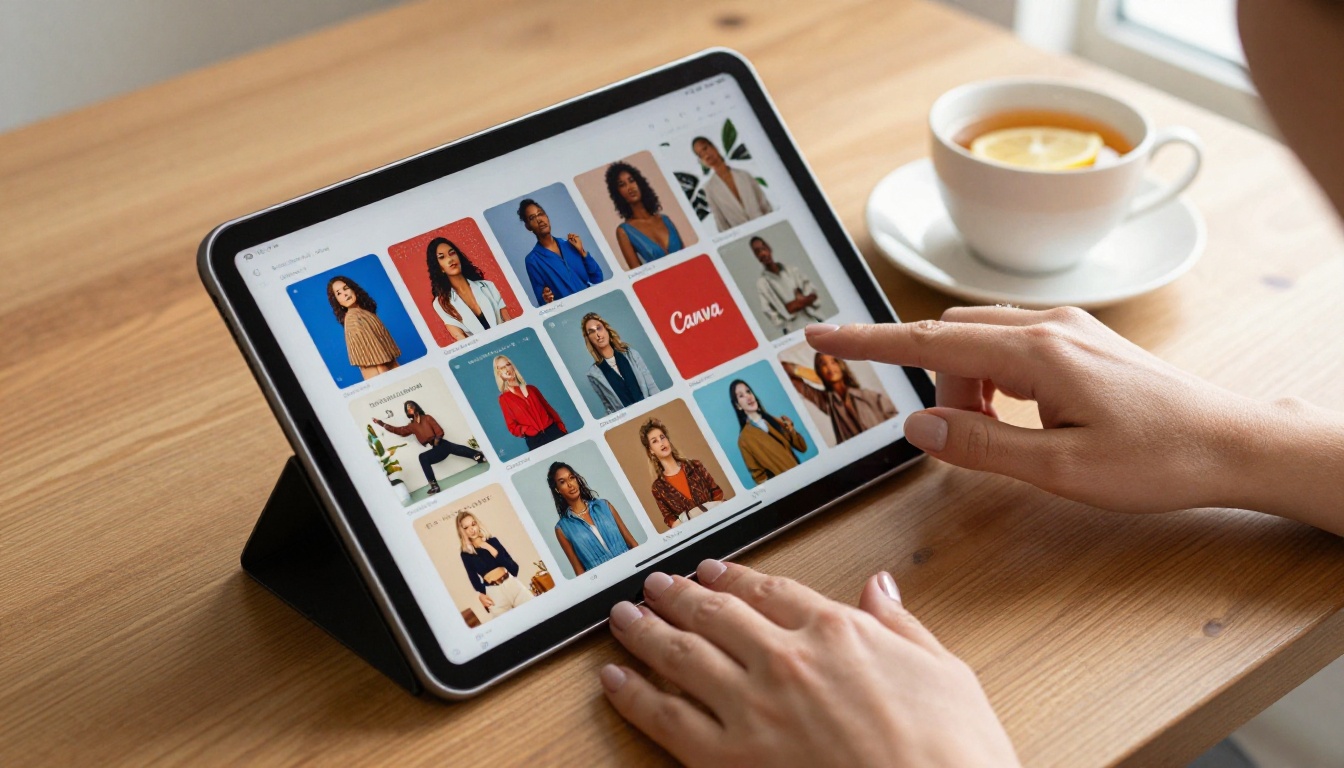 Hands scrolling through colorful Canva flipbook templates on an iPad