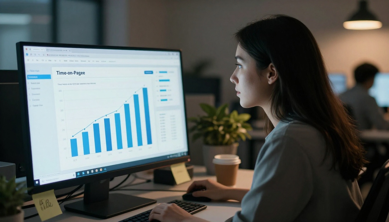 Marketing professional reviewing a document analytics dashboard on a large monitor in a modern office