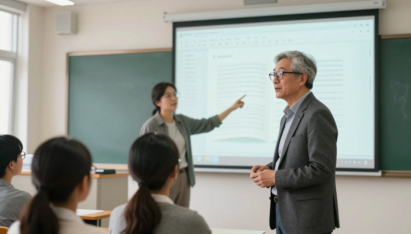 University teacher with reading glasses standing at the front of a modern classroom pointing at a projected digital flipbook