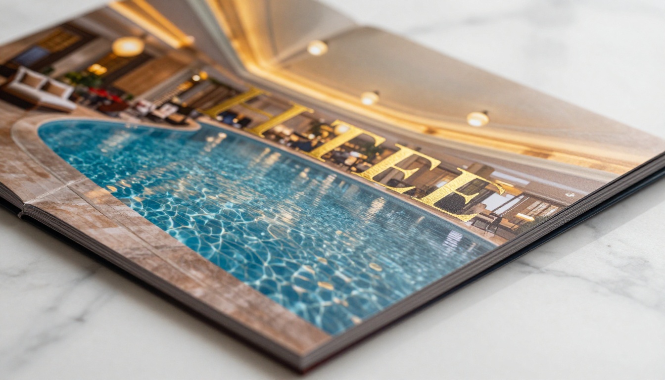 Close-up of luxury hotel brochure open on marble surface