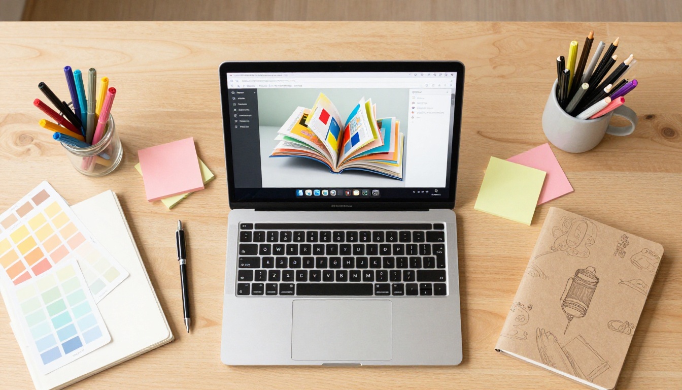 Overhead flat-lay of a creative workspace with Canva open on a MacBook Pro