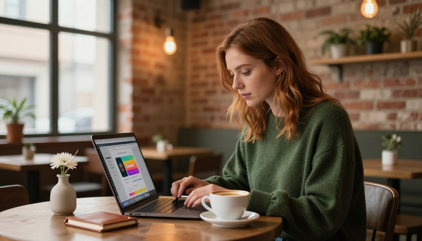 Woman designing a digital booklet on her MacBook Air at a cozy coffee shop