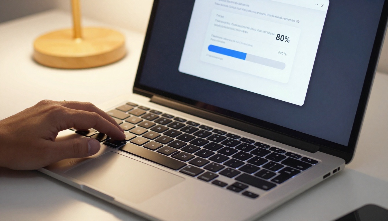 Close-up of a hand on a laptop trackpad with screen showing a PDF upload progress bar for a flipbook conversion tool