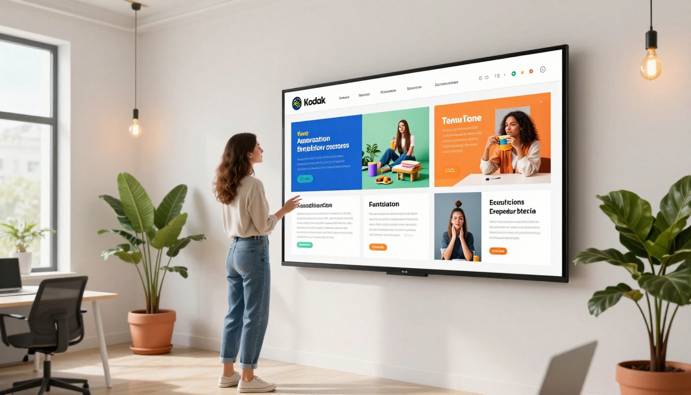 Woman presenting digital brochure on large wall screen in startup office