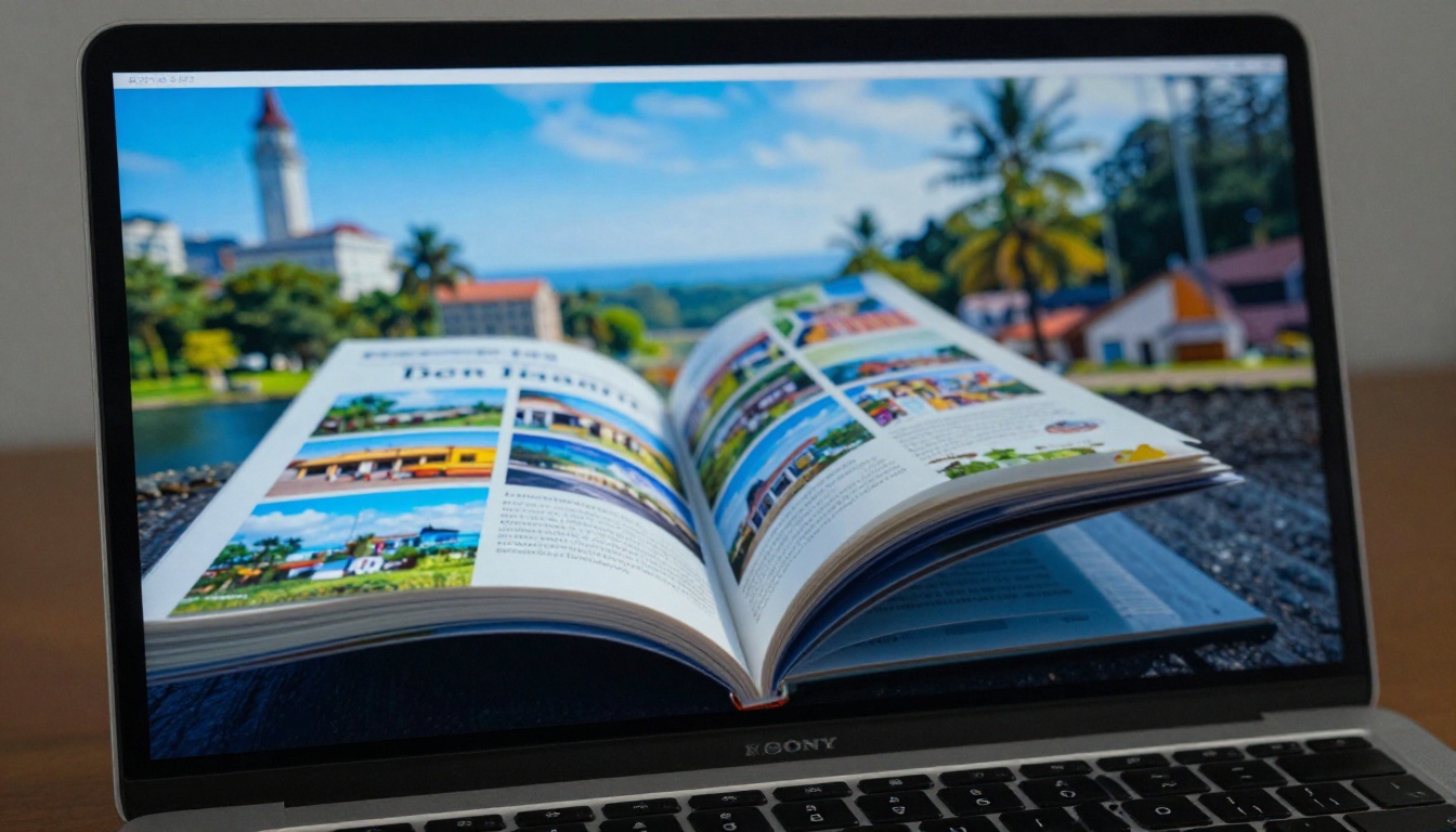 Laptop screen showing animated flipbook pages mid-turn with a realistic paper curl effect