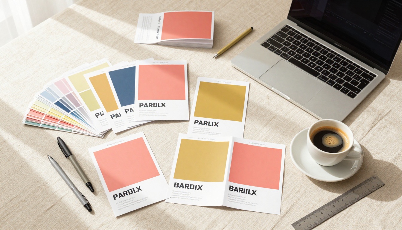 Overhead flat lay of brochure mockups and design workspace