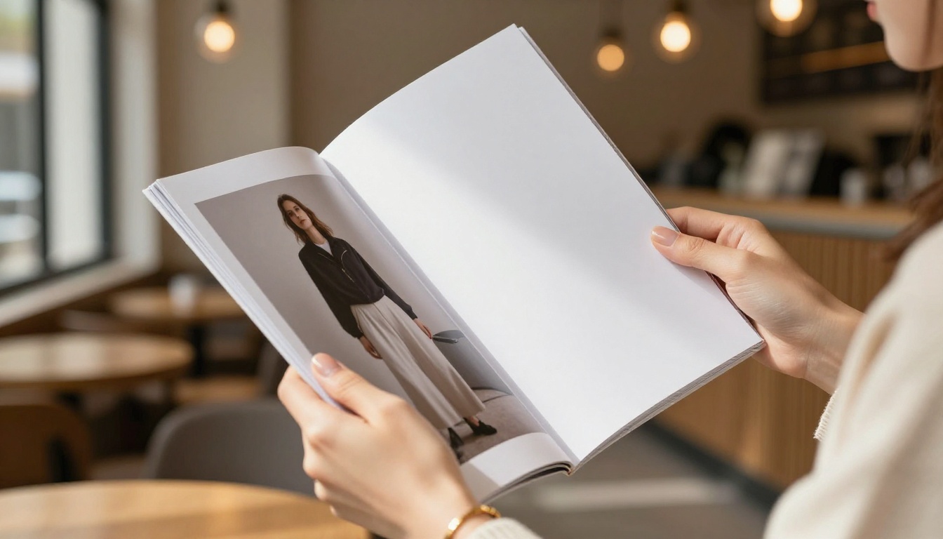 Woman's hands holding open a glossy fashion editorial brochure in a café