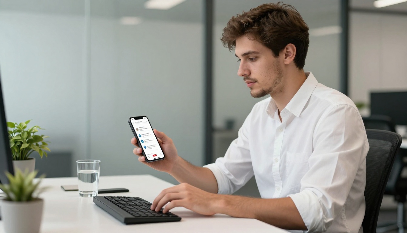 Young man sharing a digital flipbook link on his smartphone at a modern office desk