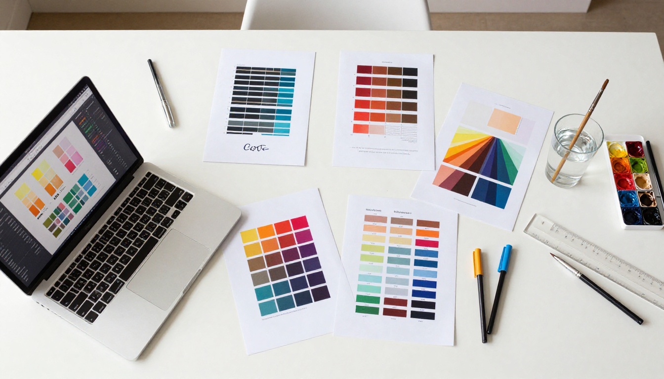 Aerial overhead view of a creative designer workspace with Canva open on a laptop surrounded by color swatches and design materials
