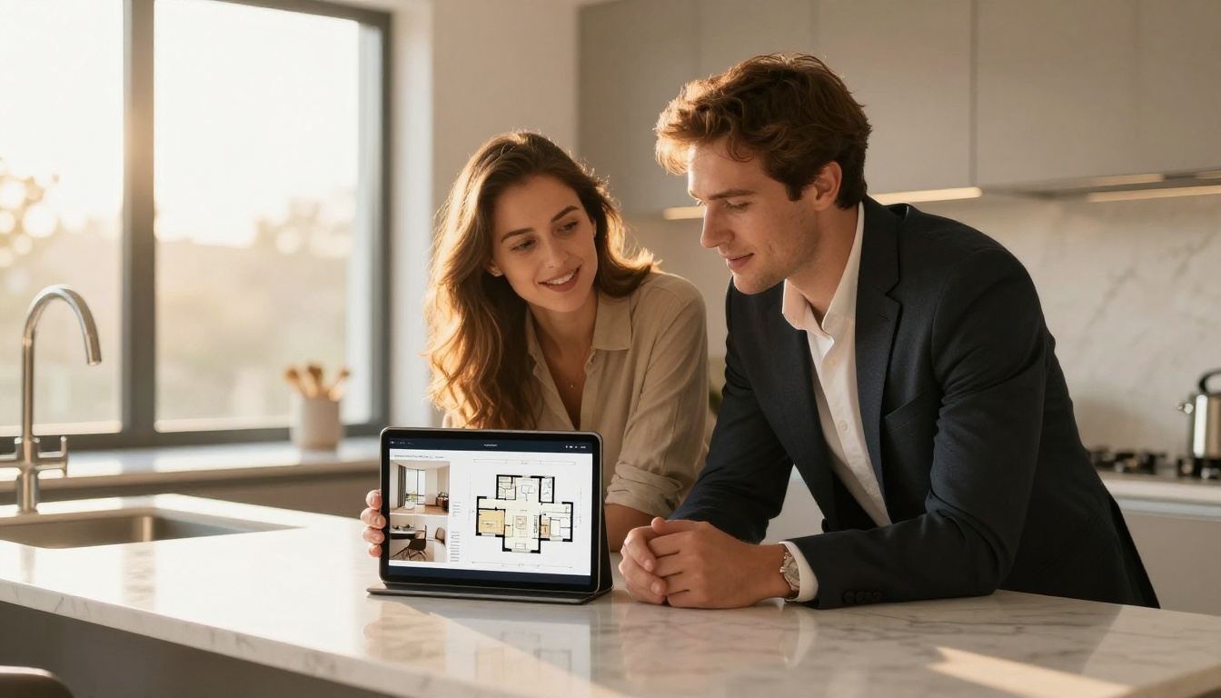 Professional couple reviewing digital brochure on tablet at kitchen island