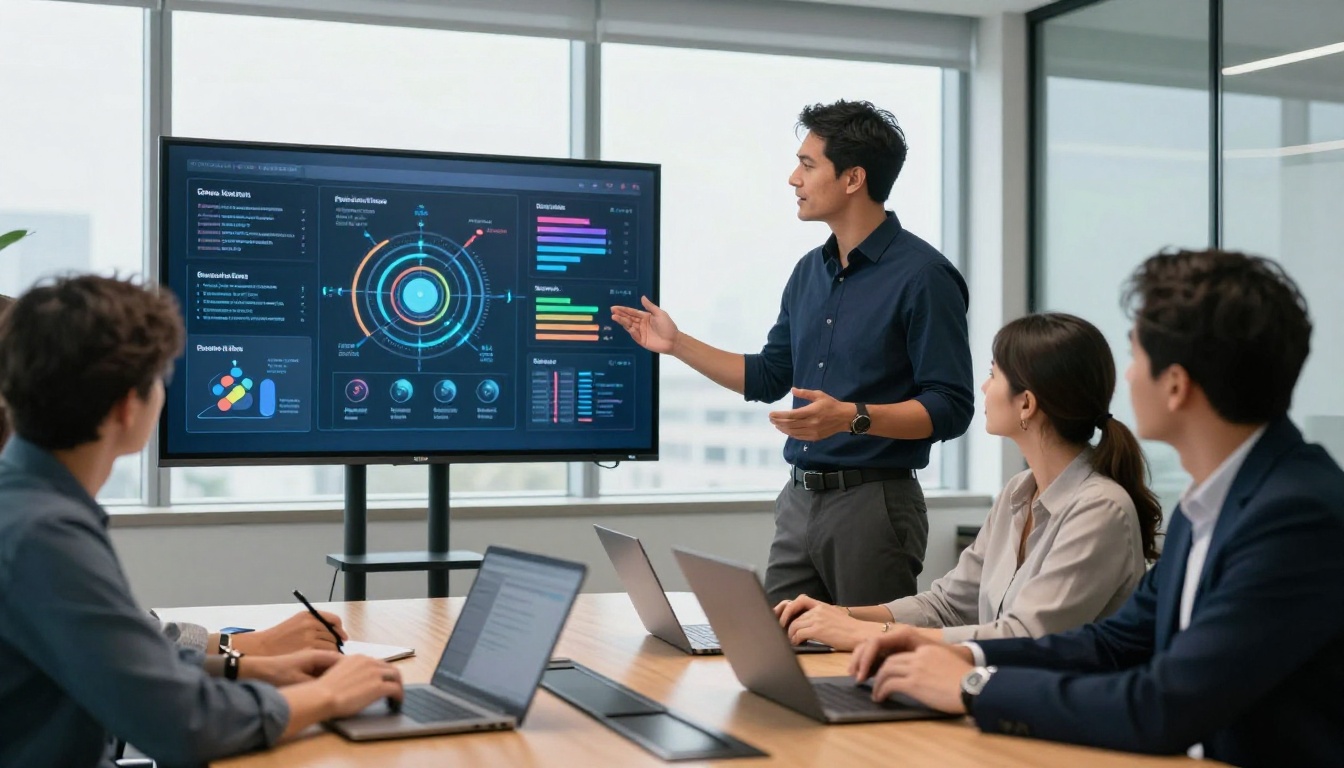 Man presenting a digital flipbook to engaged colleagues in a modern conference room