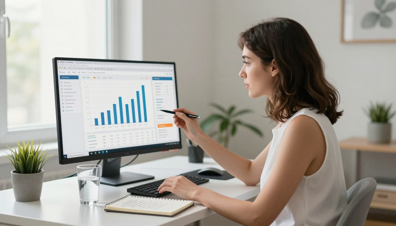 Woman reviewing an analytics dashboard for her digital flipbook publishing campaign at a bright home office