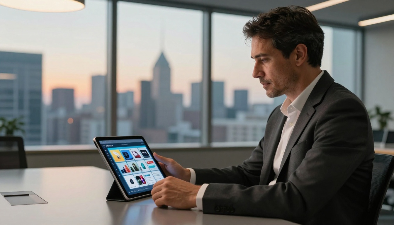 Business professional viewing a vibrant digital product catalog on an iPad at a conference table