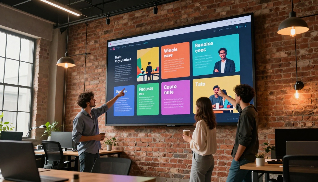 Two young marketing professionals discussing a digital flipbook on a large wall display in a modern office