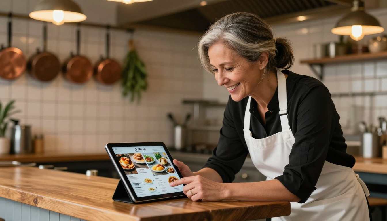 Restaurant owner smiling while viewing a digital menu flipbook on a tablet in a warm bistro kitchen