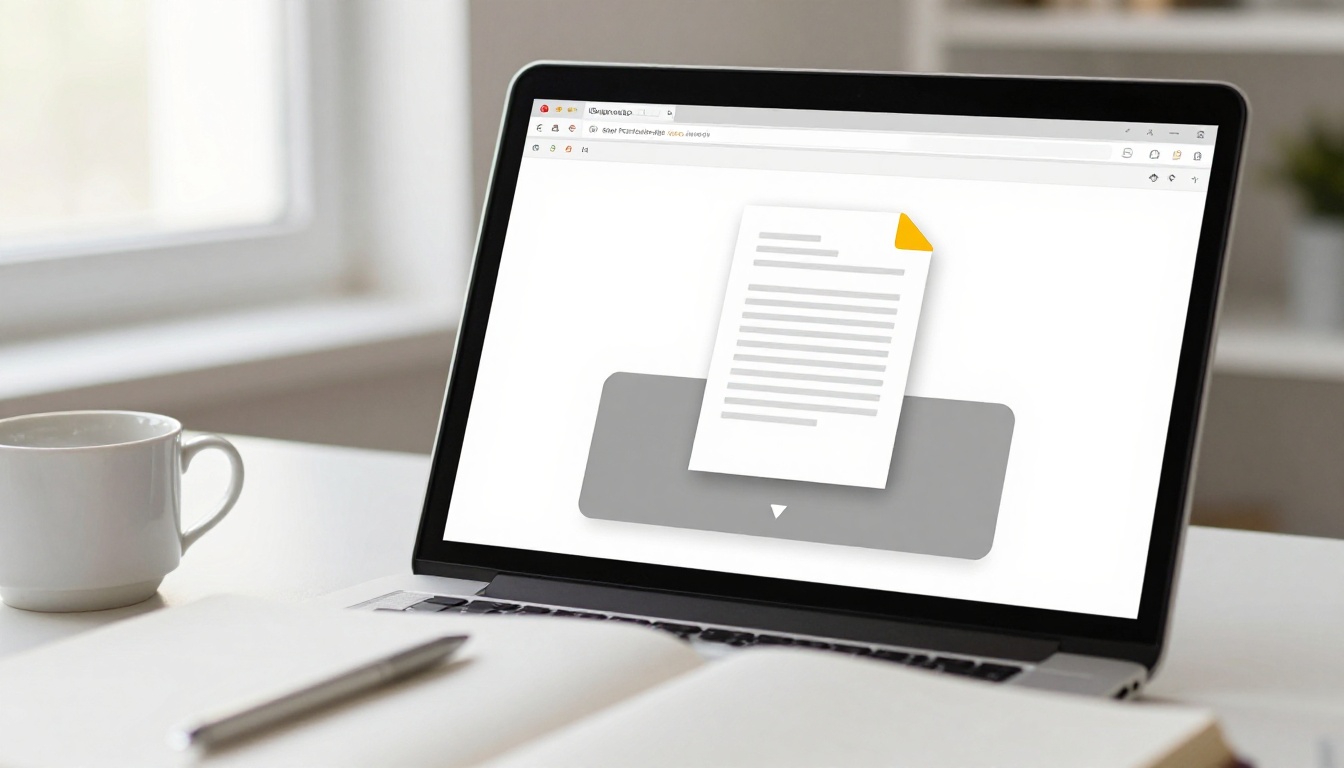 Low-angle view of laptop screen showing PDF drag-and-drop upload interface, clean minimal desk workspace