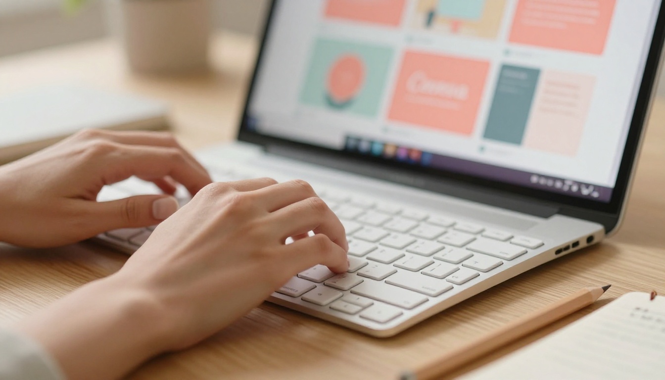 Hands typing on keyboard with Canva design interface visible on laptop Hands typing on keyboard with Canva design interface visible on laptop