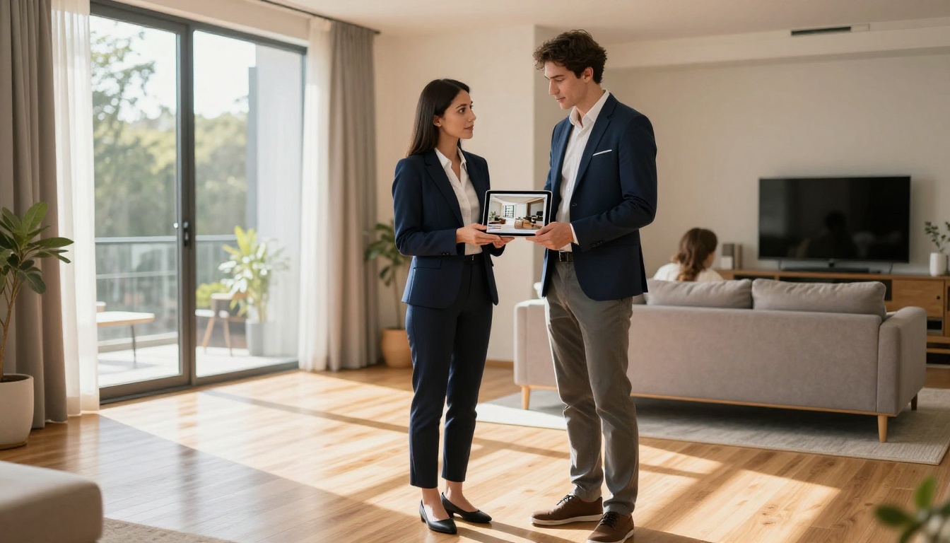 Female real estate agent handing an iPad with a property brochure flipbook to a young couple in a sunlit apartment