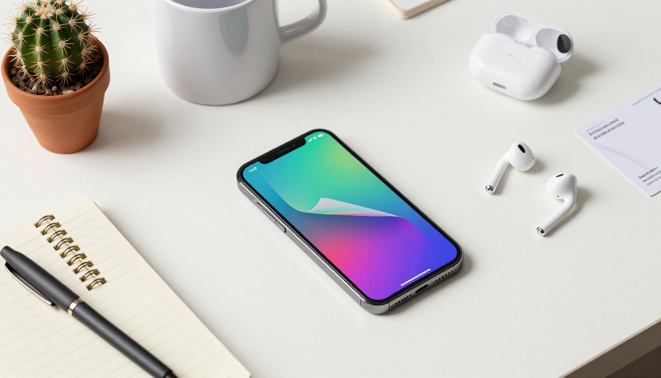 Top-down flat lay of smartphone displaying colorful flipbook with page-turn animation, surrounded by notebook and coffee mug on white desk