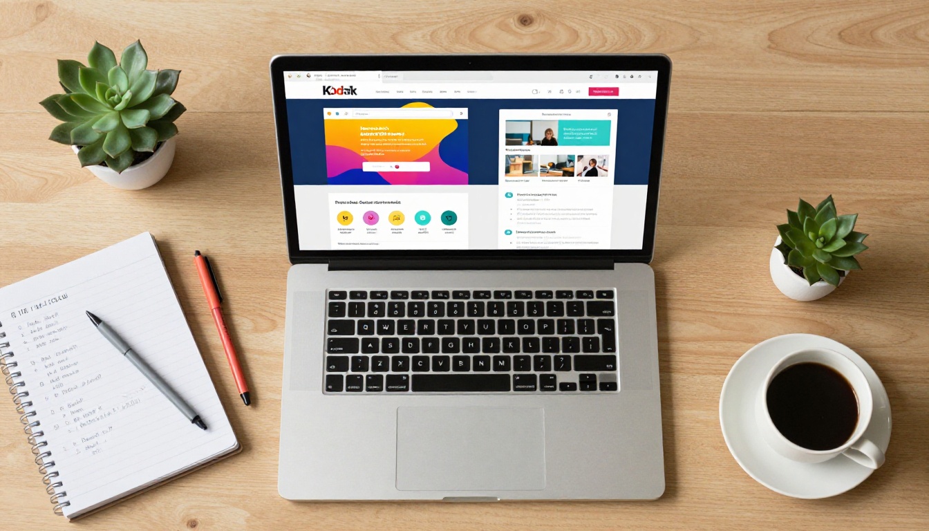Aerial flat-lay of a laptop showing two interface comparisons, surrounded by notebook, pens, and a coffee cup