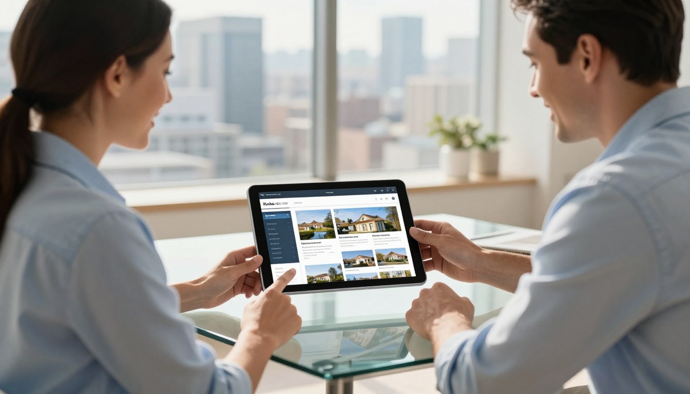 Real estate agent showing digital property brochure on iPad to couple in modern apartment with city view