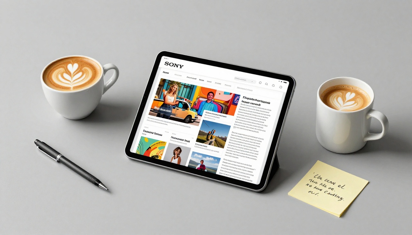 A tablet flat lay showing a colorful digital flipbook publication on a slate desk with an espresso cup A tablet flat lay showing a colorful digital flipbook publication on a slate desk with an espresso cup