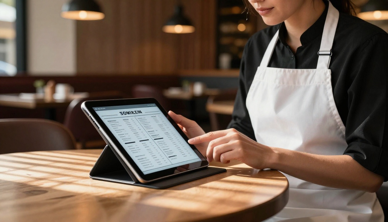 Restaurant owner reviewing digital menu flipbook on iPad at bistro table with morning light through slatted blinds