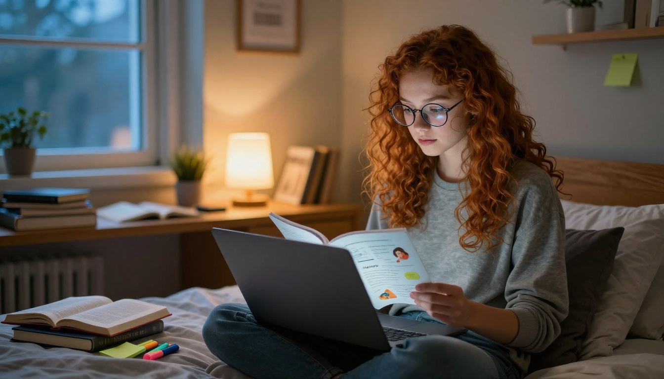 Female university student with curly hair and glasses reading a digital educational flipbook on a laptop in a cozy dorm room