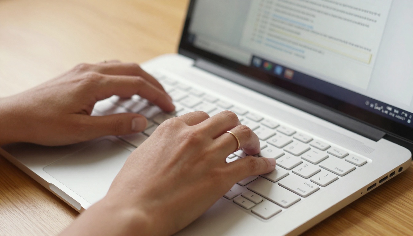 Person uploading a PDF on laptop with warm desk environment