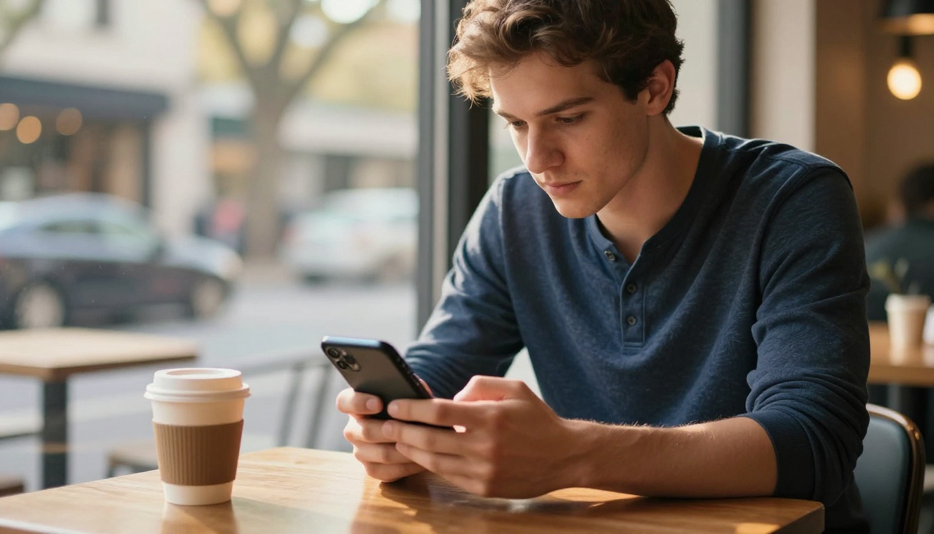 A young man in a sunlit cafe swiping through a digital flipbook on his smartphone by the window A young man in a sunlit cafe swiping through a digital flipbook on his smartphone by the window