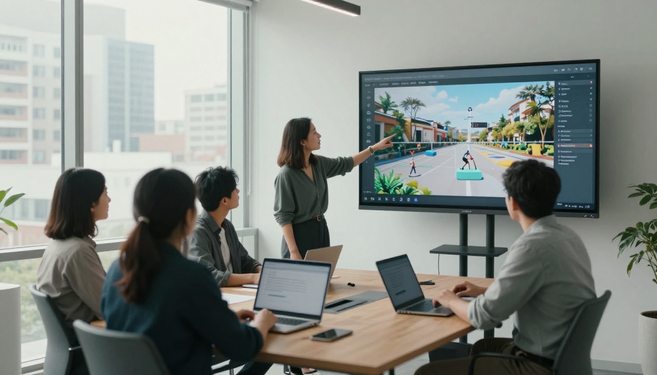Creative team of four gathered around conference table, one person pointing to digital flipbook presentation on large wall monitor