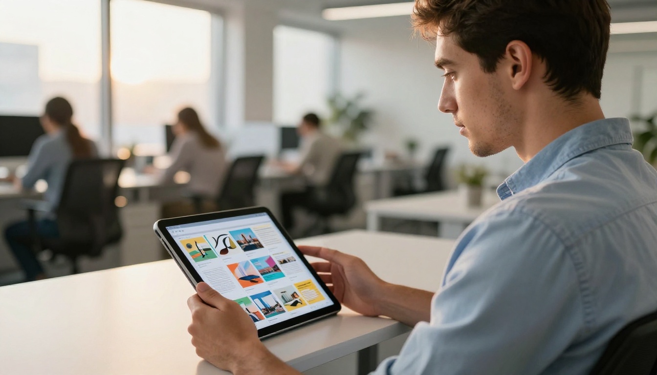 Man viewing interactive flipbook on iPad tablet in modern office