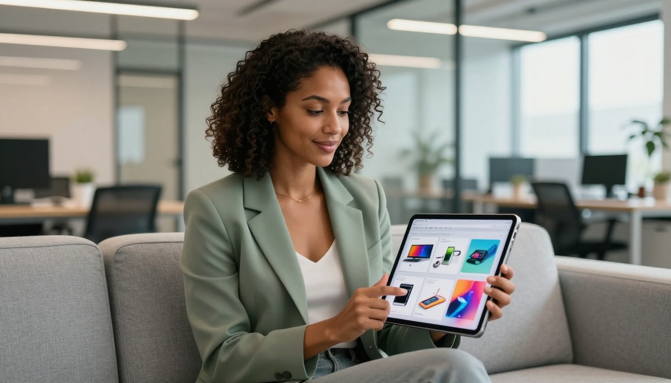Professional woman reviewing interactive flipbook on iPad in modern office lounge Professional woman reviewing interactive flipbook on iPad in modern office lounge