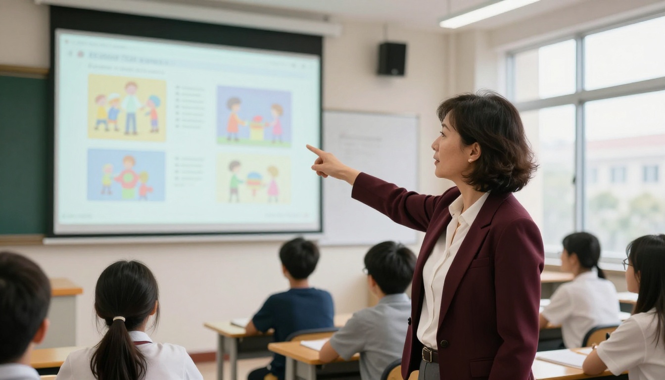 A female teacher presenting a colorful digital flipbook on a large classroom projector screen to attentive students A female teacher presenting a colorful digital flipbook on a large classroom projector screen to attentive students