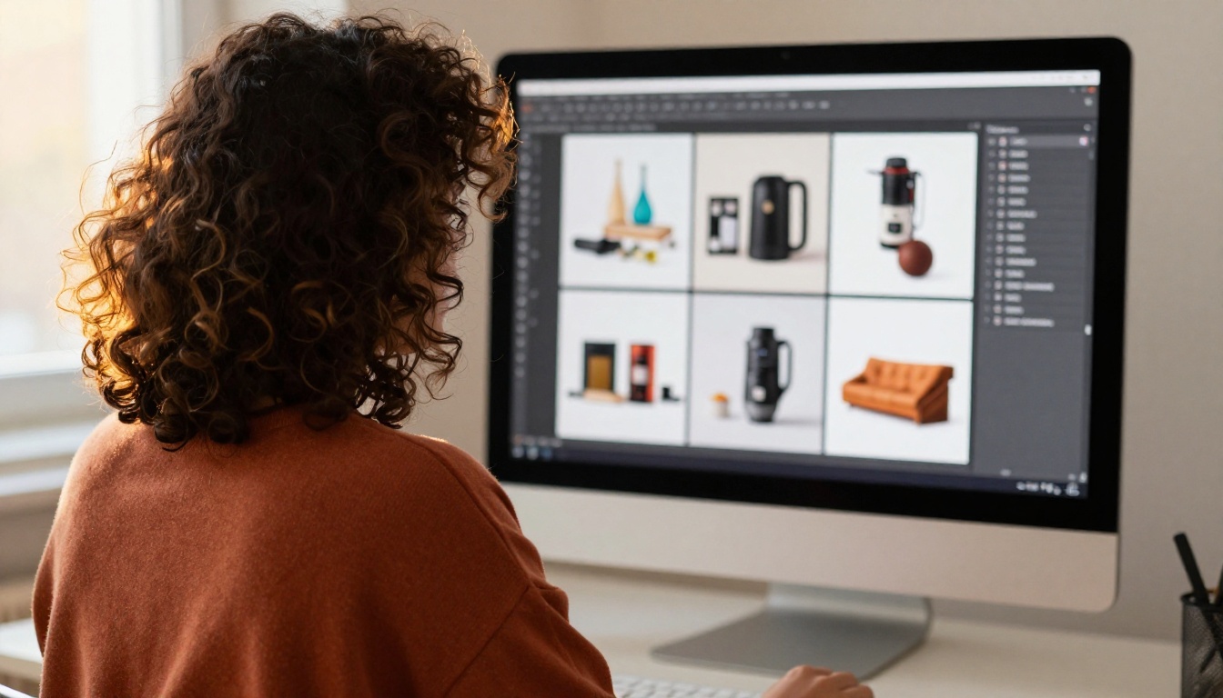 Creative professional with curly hair reviewing vibrant product catalog flipbook on large iMac monitor, warm side lighting