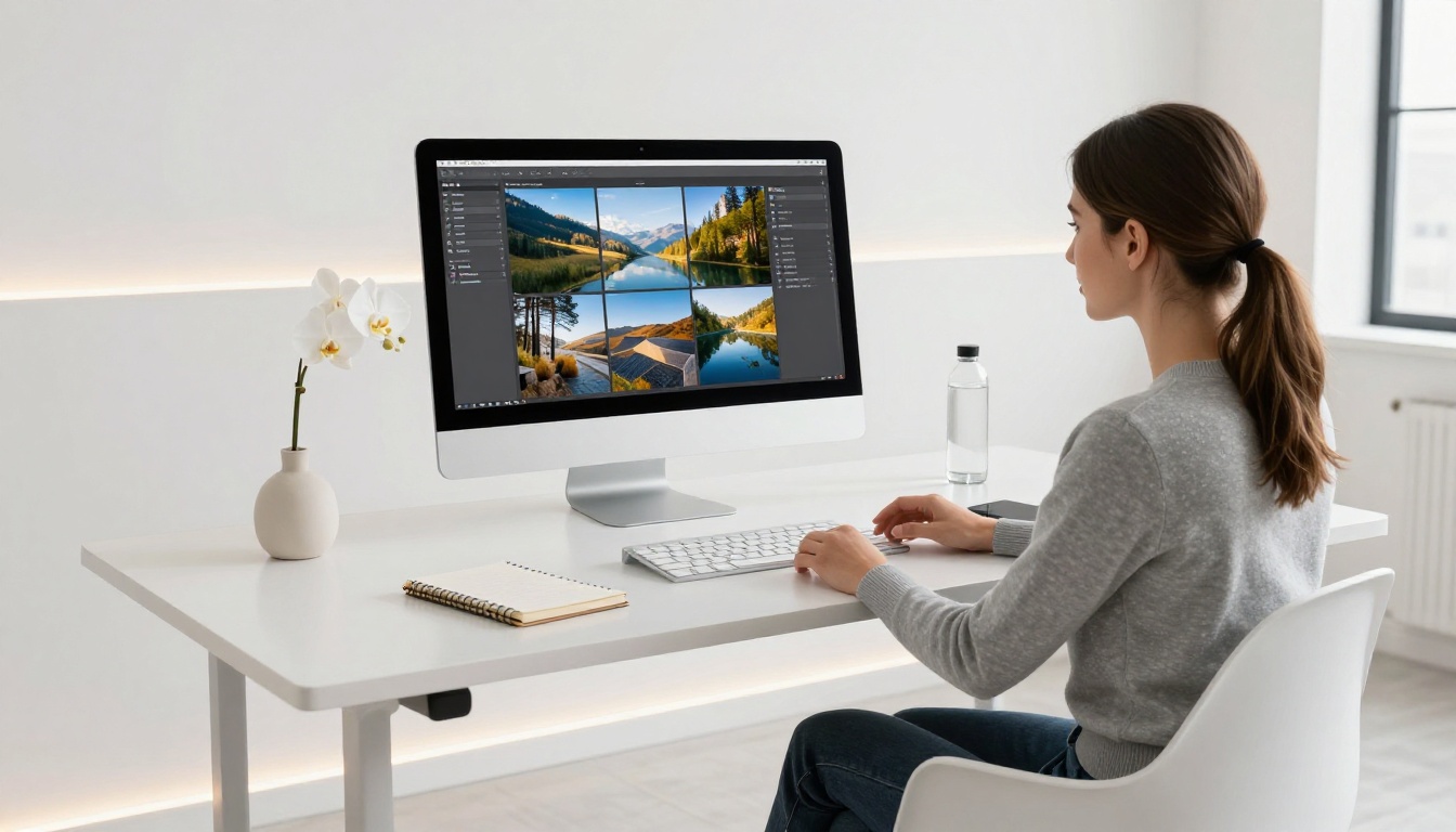 Creative professional woman designing a photography portfolio flipbook on a large iMac in a bright minimalist studio