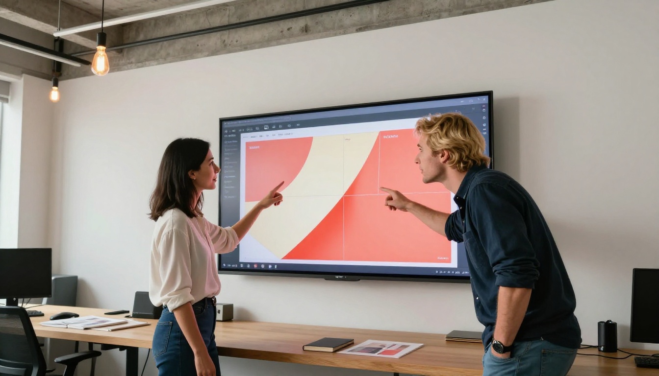 Two creative professionals reviewing fashion lookbook flipbook on large agency monitor Two creative professionals reviewing fashion lookbook flipbook on large agency monitor