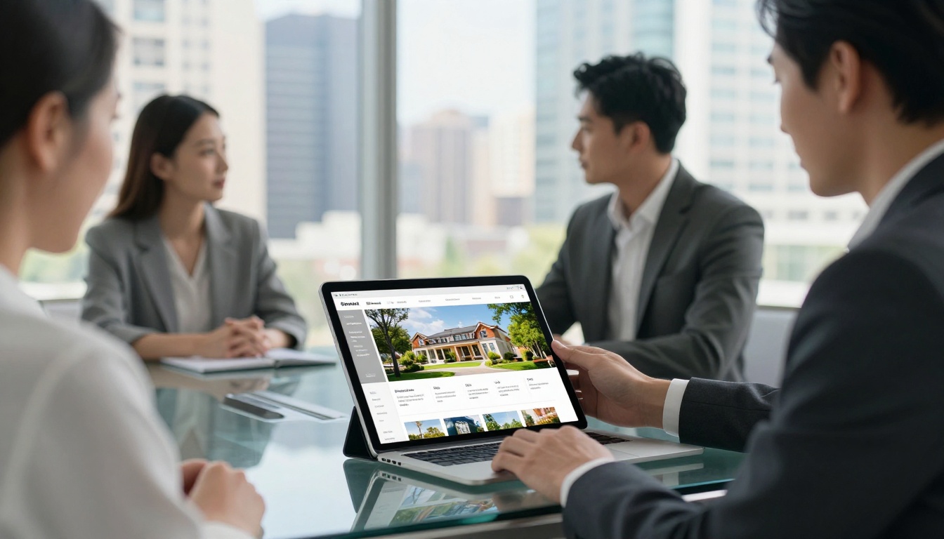 A real estate agent presenting a digital property brochure flipbook on an iPad to seated clients across a glass table A real estate agent presenting a digital property brochure flipbook on an iPad to seated clients across a glass table