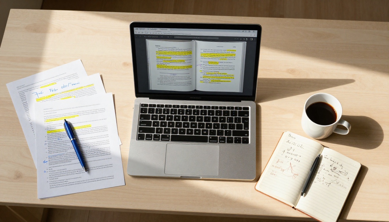 Bird's eye aerial view of desk with laptop showing flipbook and annotated PDF papers