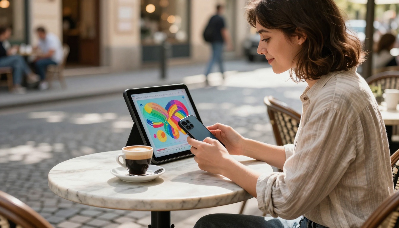 Young woman at outdoor marble cafe table smiling at vibrant interactive flipbook on smartphone, dappled bokeh sunlight in background