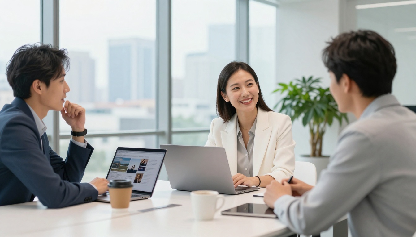Businesswoman presenting flipbook on laptop to two colleagues in conference room