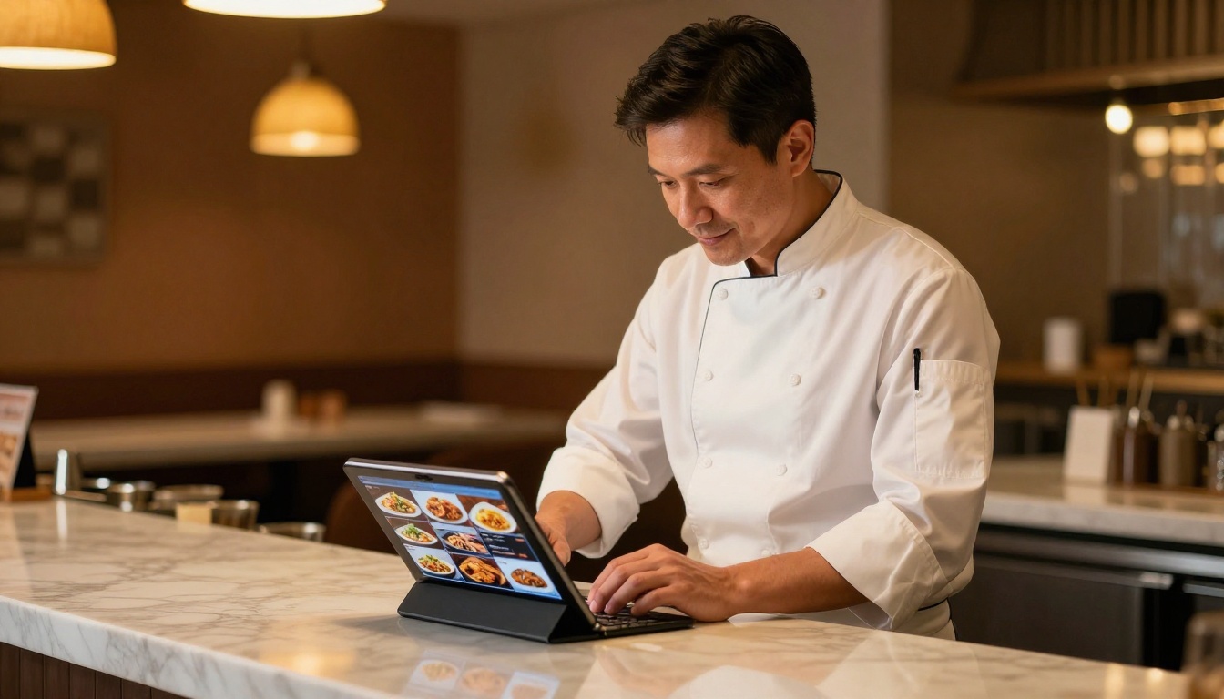 A restaurant owner reviewing a vivid digital menu flipbook on a tablet propped on a warm marble counter A restaurant owner reviewing a vivid digital menu flipbook on a tablet propped on a warm marble counter