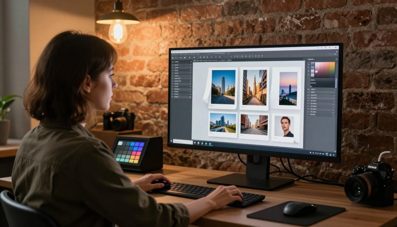 A photographer reviewing her visual portfolio displayed as a flipbook on a large curved monitor in a warm studio A photographer reviewing her visual portfolio displayed as a flipbook on a large curved monitor in a warm studio