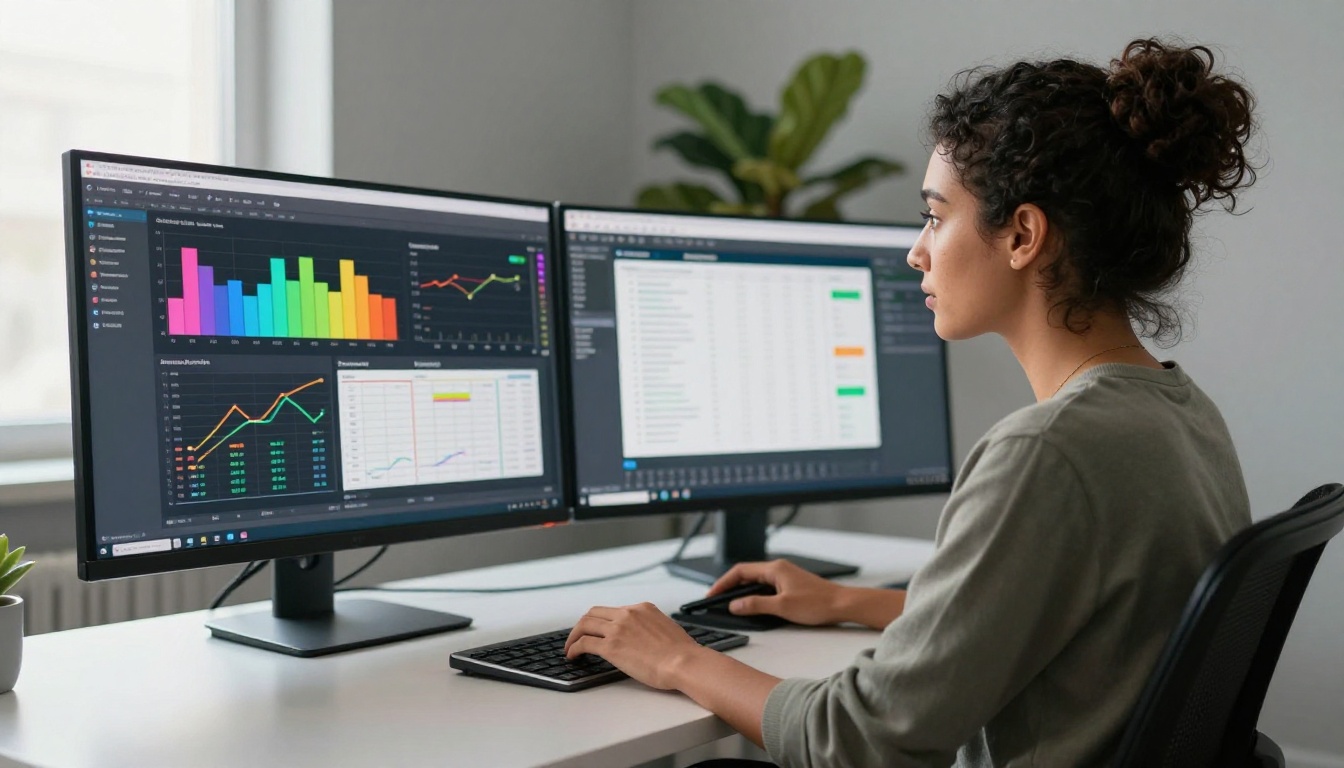 Graphic designer reviewing analytics dashboard beside flipbook preview on wide monitor