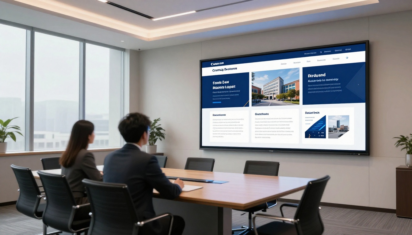 Corporate conference room with interactive flipbook presentation on large wall-mounted screen Corporate conference room with interactive flipbook presentation on large wall-mounted screen
