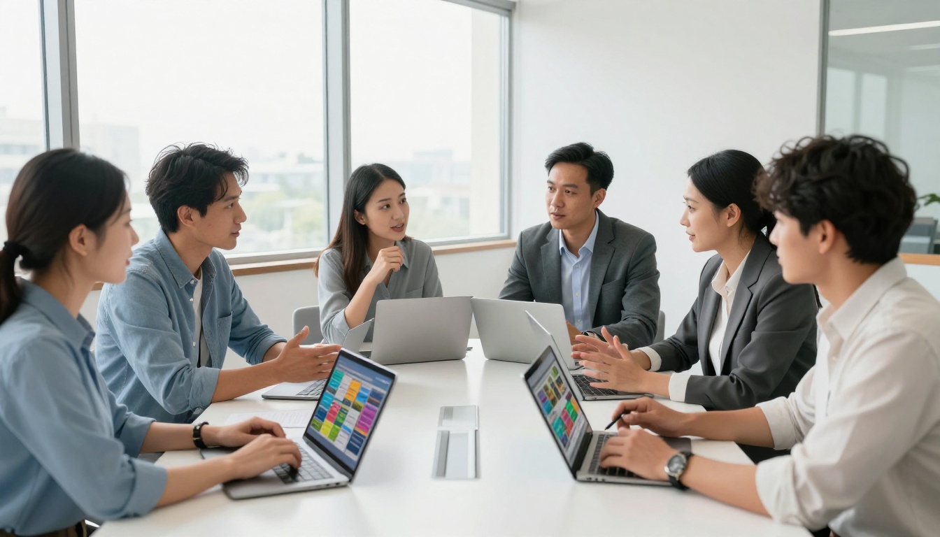 A diverse marketing team around a conference table holding tablets and laptops showing colorful digital catalog flipbooks A diverse marketing team around a conference table holding tablets and laptops showing colorful digital catalog flipbooks